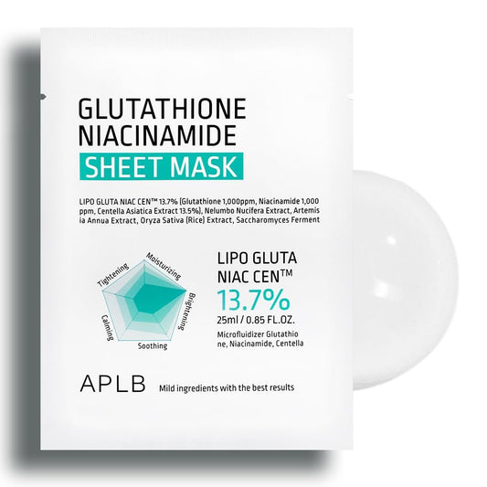 APLB Glutathion Niacinamid Sheet Mask 10er-Pack | LIPO GLUTA NIAC CEN™ 13,7 % 25 ml | Koreanische Gesichtsmaske für tiefe Feuchtigkeit & Beruhigung, empfindliche Haut, verbessert die Hautelastizität