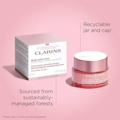 Clarins Multi-Active Erneuernde Nachtpflege mit Niacinamid | Glättet feine Linien | Strafft sichtbar die Poren | Ebenmäßiger Teint und Textur | Fördert den Glow | Stärkt die Feuchtigkeitsbarriere | Für trockene Haut