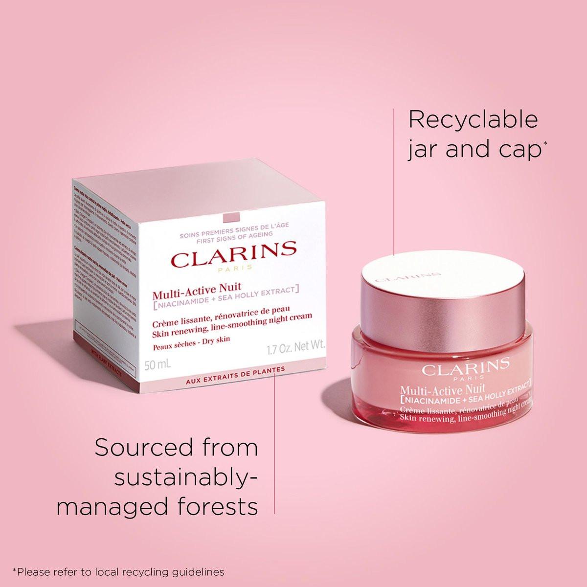 Clarins Multi-Active Erneuernde Nachtpflege mit Niacinamid | Glättet feine Linien | Strafft sichtbar die Poren | Ebenmäßiger Teint und Textur | Fördert den Glow | Stärkt die Feuchtigkeitsbarriere | Für trockene Haut