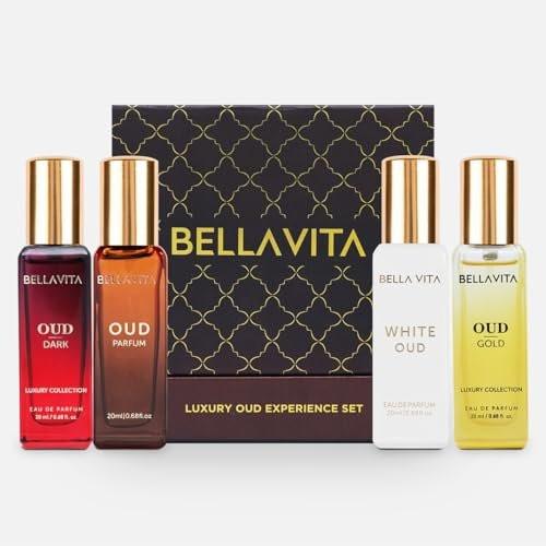 BellaVita Luxury OUD Experience Geschenkset (4x20ml) – Premium Arabische Unisex-Parfums | Enthält Gold, Dark & White OUD | Noten von Karamell, Iriswurzel, Vetiver & Zitrus