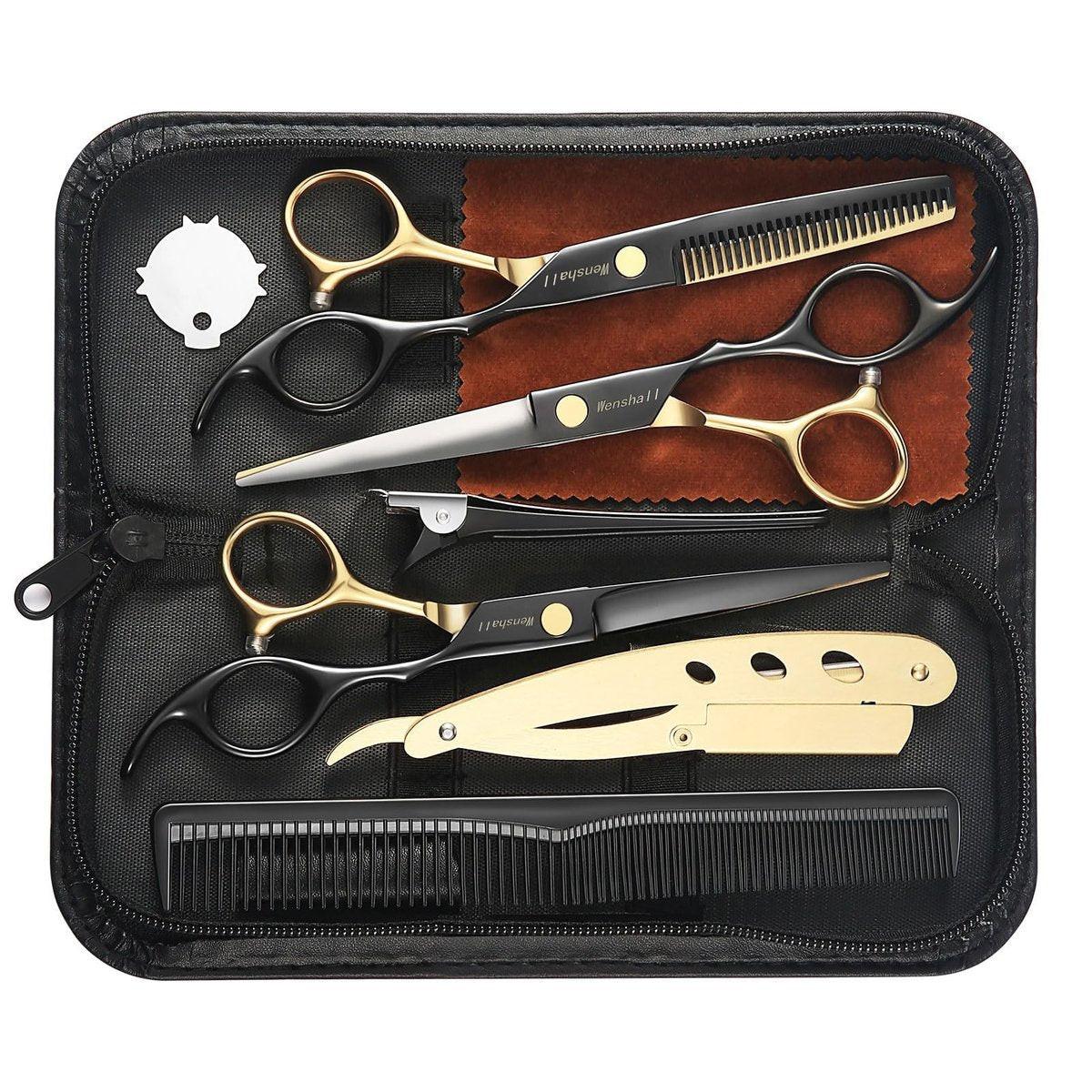 Wenshall Professionelle Haarschere Schwarz Gold 6,89 Zoll, Zahnschere aus japanischem Edelstahl, multifunktionale Friseurschere für Herren, Damen, Zuhause, Salon
