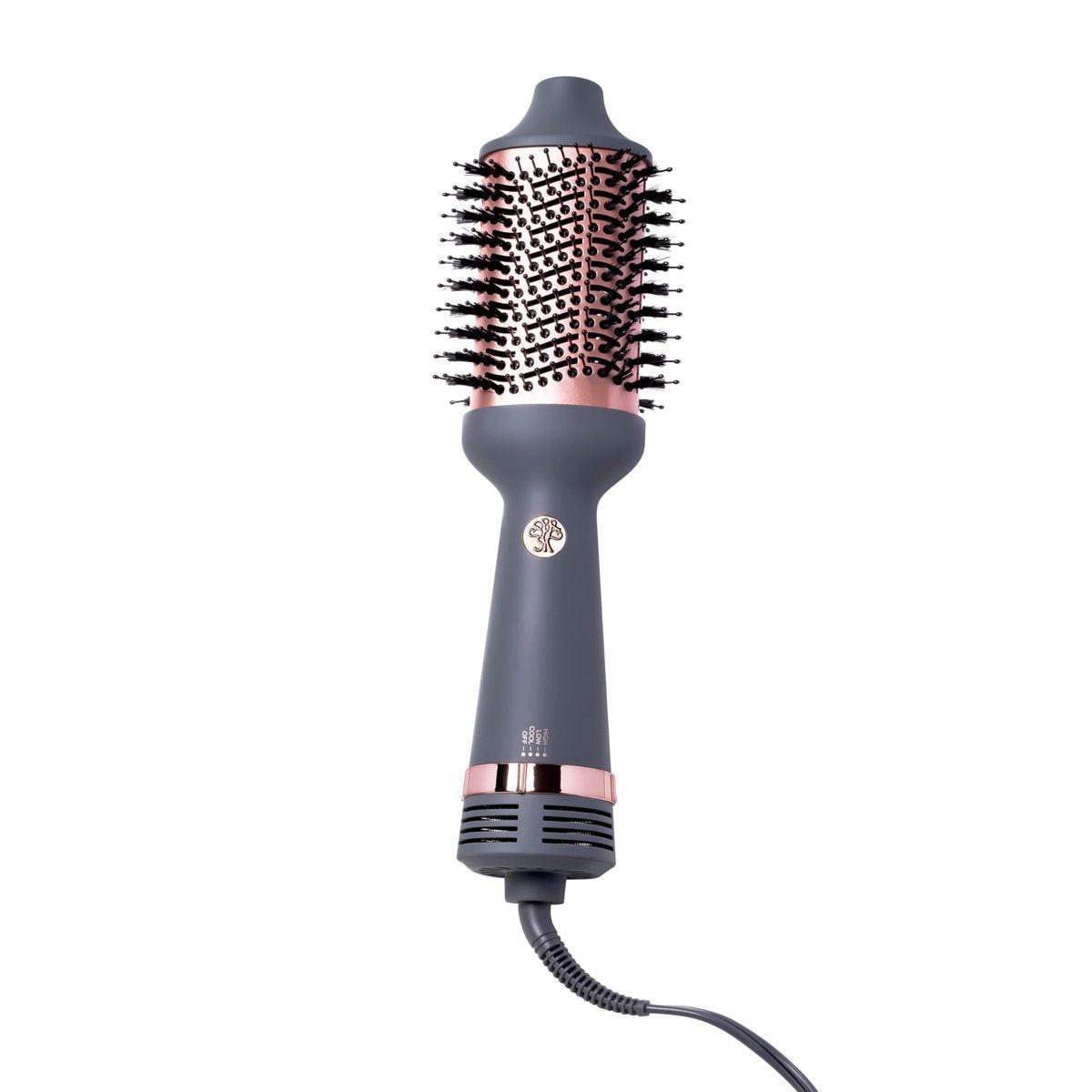 Hairitage Volumisierender 2-in-1 Blow Dry Brush + Haartrockner für Locken und Glätten - Keramik-Tourmalin Föhnbürste + Volumen-Styler für glattes, glänzendes, frizzfreies Haar - Mattgrau