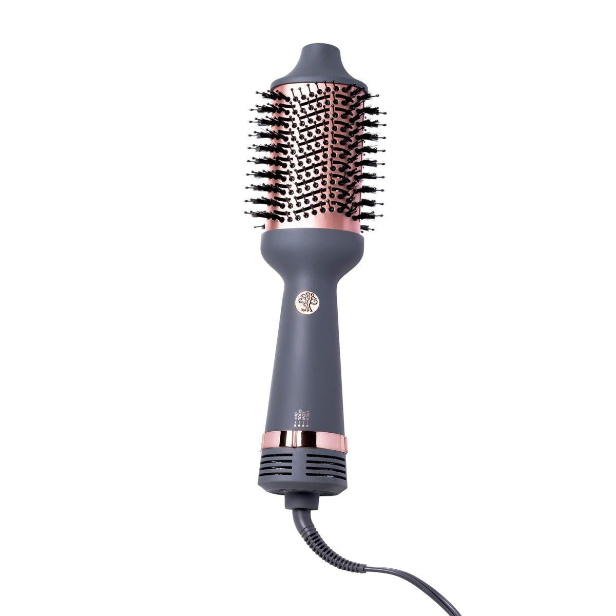 Hairitage Volumisierender 2-in-1 Blow Dry Brush + Haartrockner für Locken und Glätten - Keramik-Tourmalin Föhnbürste + Volumen-Styler für glattes, glänzendes, frizzfreies Haar - Mattgrau