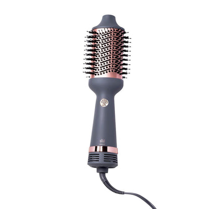 Hairitage Volumisierender 2-in-1 Blow Dry Brush + Haartrockner für Locken und Glätten - Keramik-Tourmalin Föhnbürste + Volumen-Styler für glattes, glänzendes, frizzfreies Haar - Mattgrau