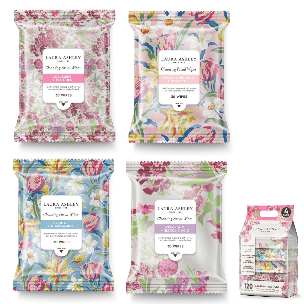 Laura Ashley 4er-Pack Gesichtstücher für Frauen - Reinigende Make-up-Entferner-Tücher mit Vitamin C, Retinol, Hyaluronsäure - 120 Stück