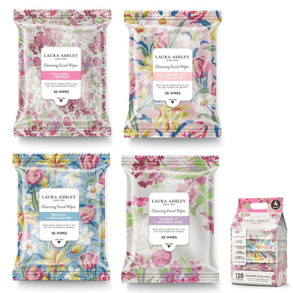 Laura Ashley 4er-Pack Gesichtstücher für Frauen - Reinigende Make-up-Entferner-Tücher mit Vitamin C, Retinol, Hyaluronsäure - 120 Stück