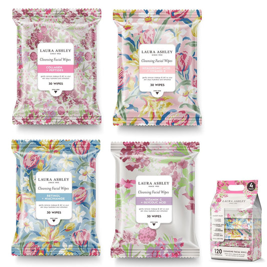 Laura Ashley 4er-Pack Gesichtstücher für Frauen - Reinigende Make-up-Entferner-Tücher mit Vitamin C, Retinol, Hyaluronsäure - 120 Stück