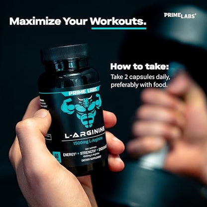 Prime Labs L-Arginin 1500 mg – Stickstoffmonoxid-Supplement für Durchblutung, Energie, Kraft und Ausdauer – 60 Kapseln