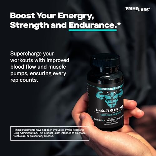 Prime Labs L-Arginin 1500 mg – Stickstoffmonoxid-Supplement für Durchblutung, Energie, Kraft und Ausdauer – 60 Kapseln