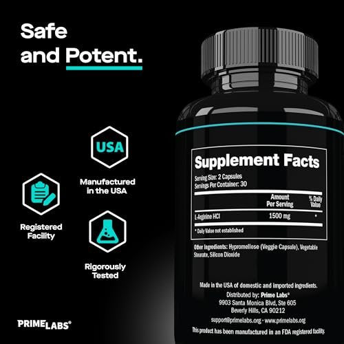 Prime Labs L-Arginin 1500 mg – Stickstoffmonoxid-Supplement für Durchblutung, Energie, Kraft und Ausdauer – 60 Kapseln