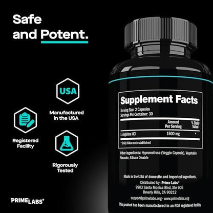 Prime Labs L-Arginin 1500 mg – Stickstoffmonoxid-Supplement für Durchblutung, Energie, Kraft und Ausdauer – 60 Kapseln