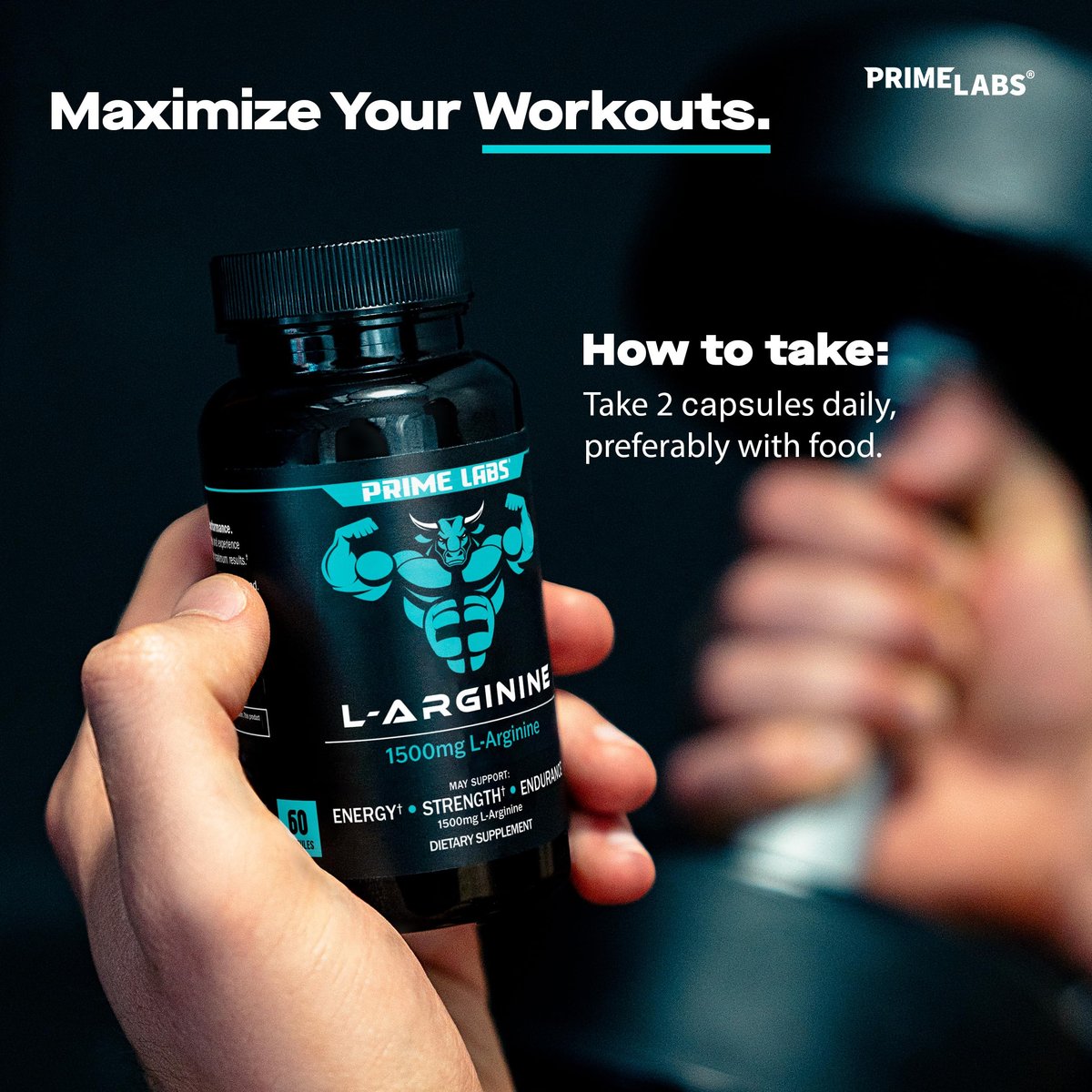 Prime Labs L-Arginin 1500 mg – Stickstoffmonoxid-Supplement für Durchblutung, Energie, Kraft und Ausdauer – 60 Kapseln