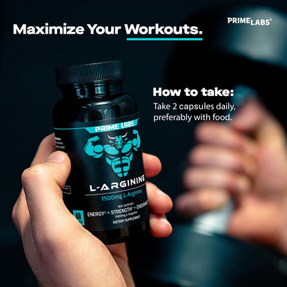 Prime Labs L-Arginin 1500 mg – Stickstoffmonoxid-Supplement für Durchblutung, Energie, Kraft und Ausdauer – 60 Kapseln