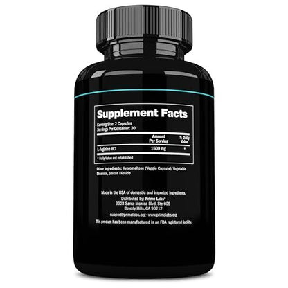 Prime Labs L-Arginin 1500 mg – Stickstoffmonoxid-Supplement für Durchblutung, Energie, Kraft und Ausdauer – 60 Kapseln