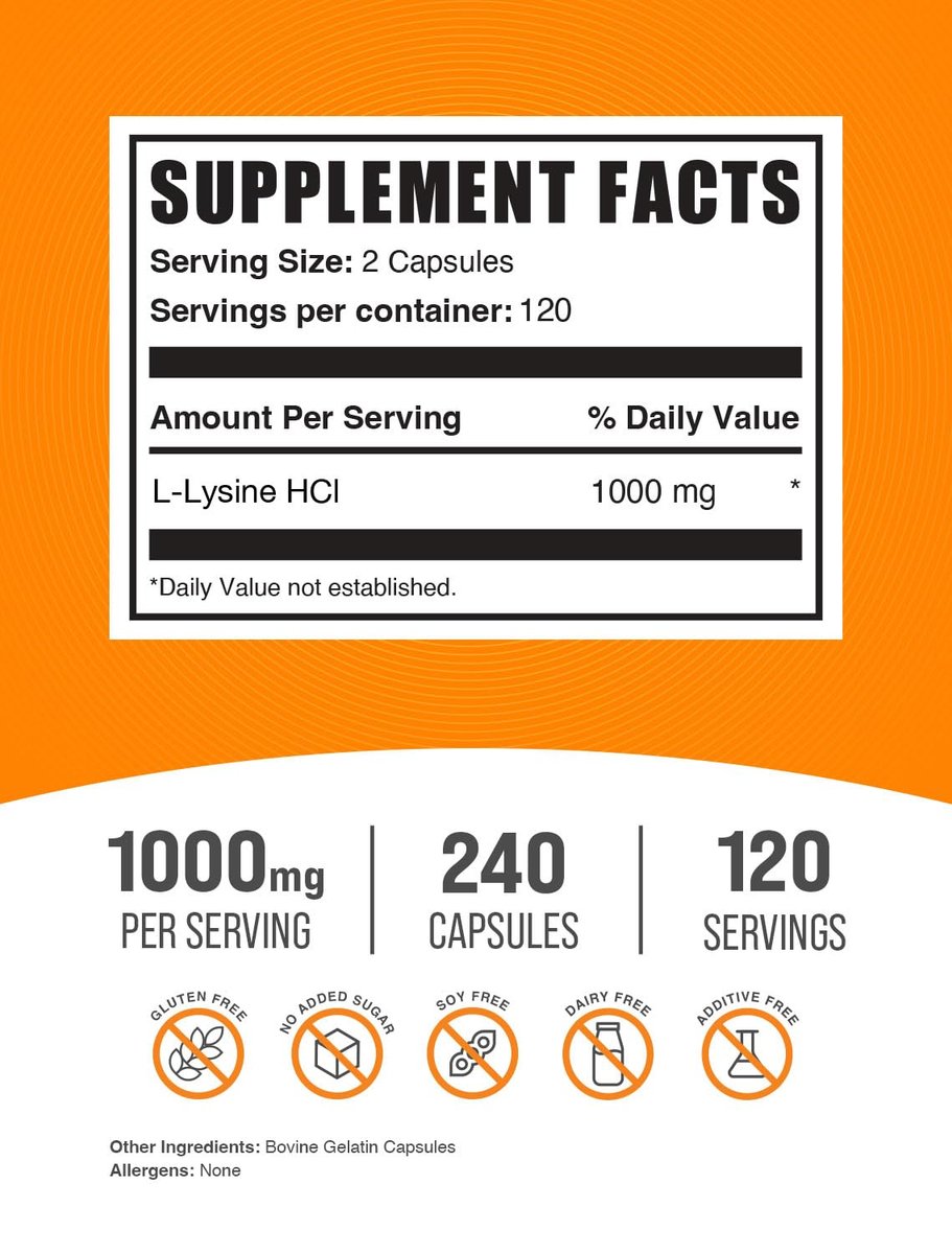 BulkSupplements.com L-Lysin HCl Kapseln - Sporternährung, Lysin 1000mg - für Immununterstützung, glutenfrei, 2 Kapseln pro Portion, 240 Stück (1er Pack)