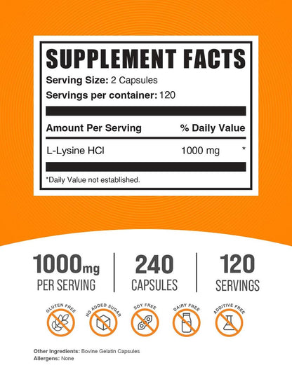 BulkSupplements.com L-Lysin HCl Kapseln - Sporternährung, Lysin 1000mg - für Immununterstützung, glutenfrei, 2 Kapseln pro Portion, 240 Stück (1er Pack)