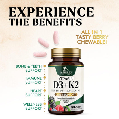 Vitamin D3 K2 Kombination | 5000 IE D3 + K2 100 mcg | MK-7 K2 mit Vitamin D | Unterstützt Immunsystem, Herz, Zähne & Knochengesundheit – Nature's Leicht zu kauen, Vitamin D3 K2, Nicht-GVO, Leckerer Beerengeschmack – 120 Tabletten
