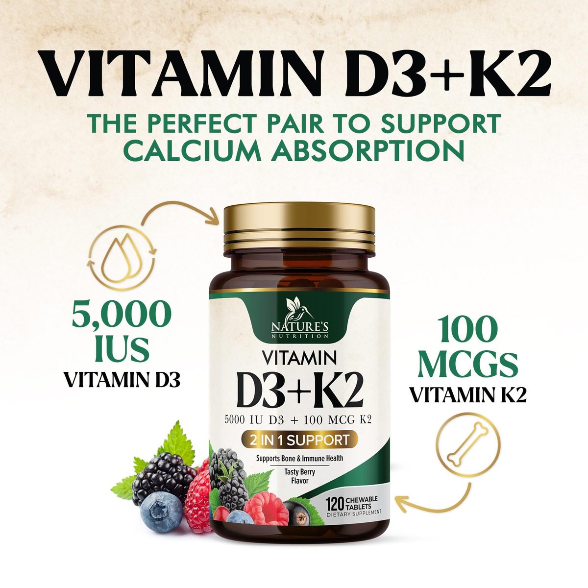Vitamin D3 K2 Kombination | 5000 IE D3 + K2 100 mcg | MK-7 K2 mit Vitamin D | Unterstützt Immunsystem, Herz, Zähne & Knochengesundheit – Nature's Leicht zu kauen, Vitamin D3 K2, Nicht-GVO, Leckerer Beerengeschmack – 120 Tabletten