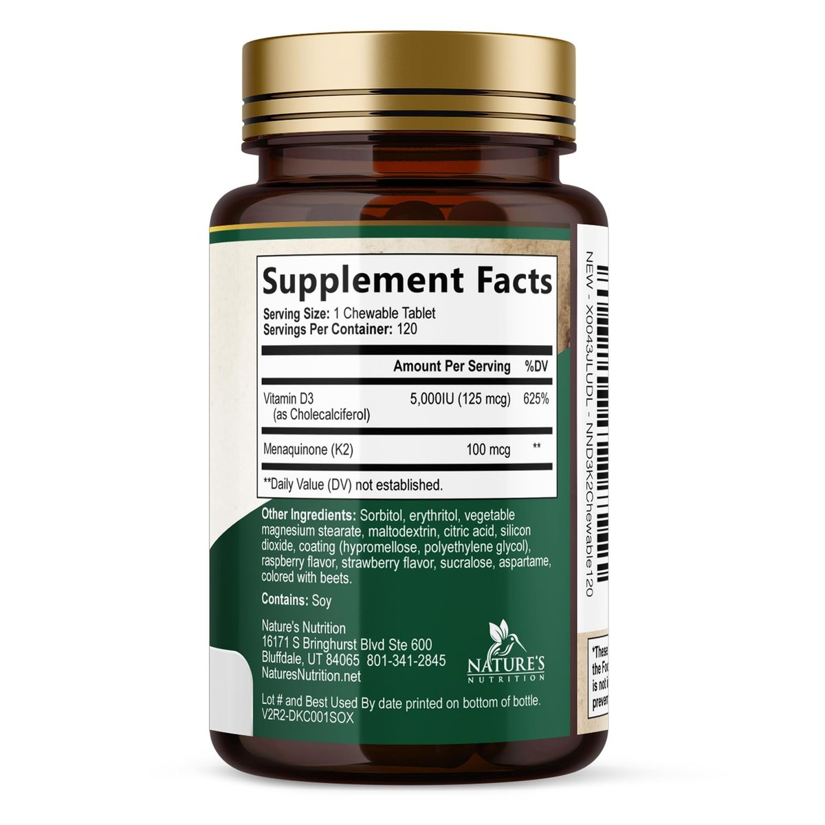 Vitamin D3 K2 Kombination | 5000 IE D3 + K2 100 mcg | MK-7 K2 mit Vitamin D | Unterstützt Immunsystem, Herz, Zähne & Knochengesundheit – Nature's Leicht zu kauen, Vitamin D3 K2, Nicht-GVO, Leckerer Beerengeschmack – 120 Tabletten