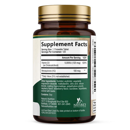 Vitamin D3 K2 Kombination | 5000 IE D3 + K2 100 mcg | MK-7 K2 mit Vitamin D | Unterstützt Immunsystem, Herz, Zähne & Knochengesundheit – Nature's Leicht zu kauen, Vitamin D3 K2, Nicht-GVO, Leckerer Beerengeschmack – 120 Tabletten