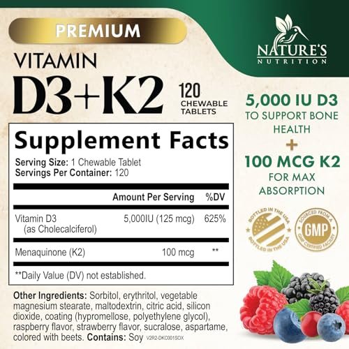 Vitamin D3 K2 Kombination | 5000 IE D3 + K2 100 mcg | MK-7 K2 mit Vitamin D | Unterstützt Immunsystem, Herz, Zähne & Knochengesundheit – Nature's Leicht zu kauen, Vitamin D3 K2, Nicht-GVO, Leckerer Beerengeschmack – 120 Tabletten