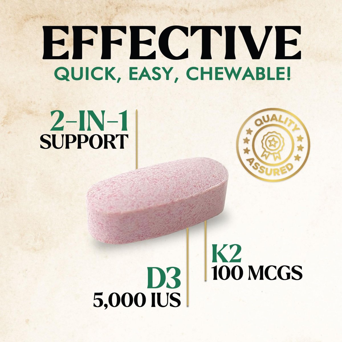 Vitamin D3 K2 Kombination | 5000 IE D3 + K2 100 mcg | MK-7 K2 mit Vitamin D | Unterstützt Immunsystem, Herz, Zähne & Knochengesundheit – Nature's Leicht zu kauen, Vitamin D3 K2, Nicht-GVO, Leckerer Beerengeschmack – 120 Tabletten