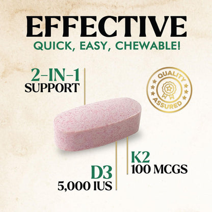 Vitamin D3 K2 Kombination | 5000 IE D3 + K2 100 mcg | MK-7 K2 mit Vitamin D | Unterstützt Immunsystem, Herz, Zähne & Knochengesundheit – Nature's Leicht zu kauen, Vitamin D3 K2, Nicht-GVO, Leckerer Beerengeschmack – 120 Tabletten