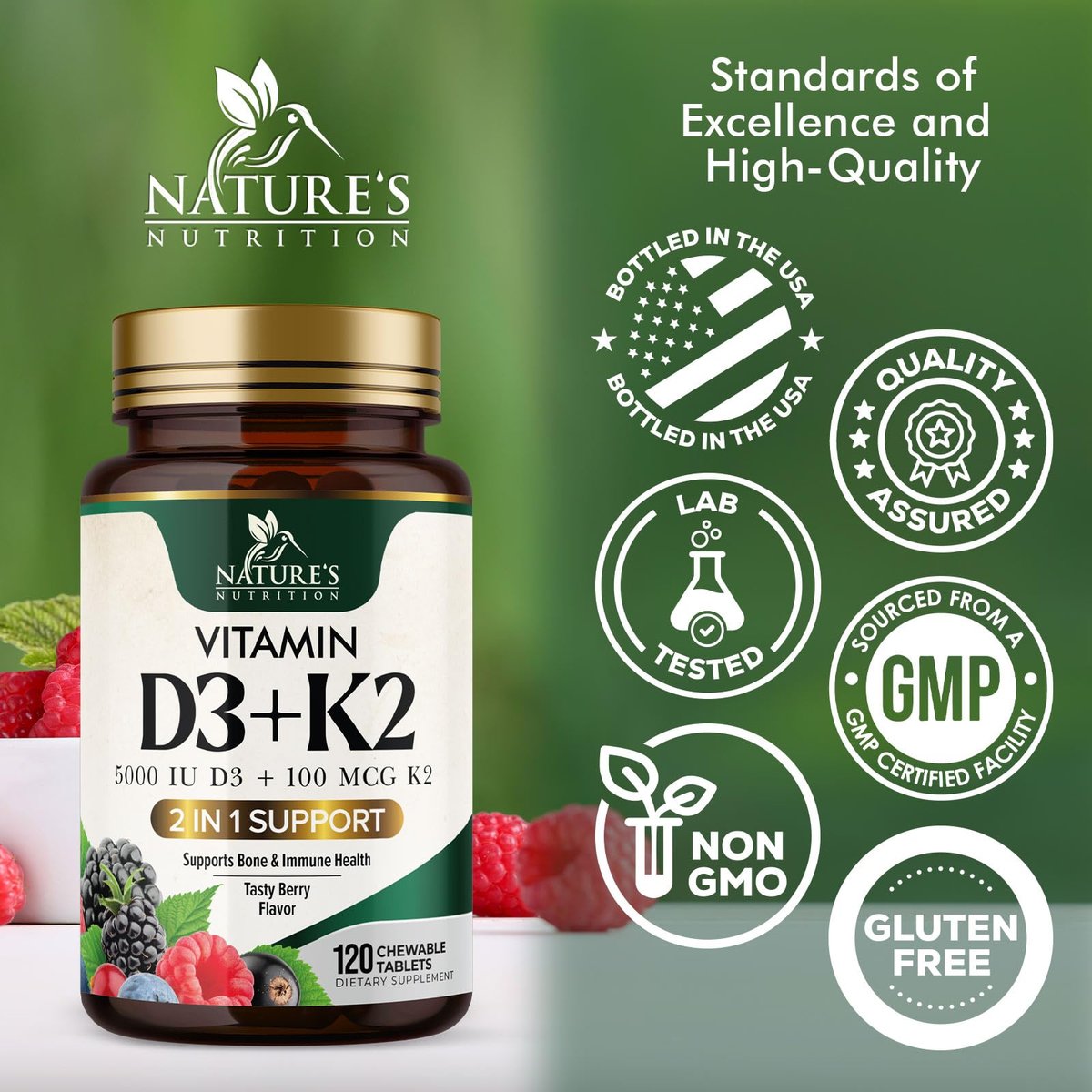 Vitamin D3 K2 Kombination | 5000 IE D3 + K2 100 mcg | MK-7 K2 mit Vitamin D | Unterstützt Immunsystem, Herz, Zähne & Knochengesundheit – Nature's Leicht zu kauen, Vitamin D3 K2, Nicht-GVO, Leckerer Beerengeschmack – 120 Tabletten
