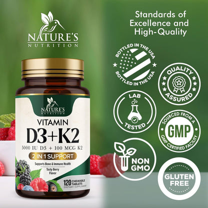 Vitamin D3 K2 Kombination | 5000 IE D3 + K2 100 mcg | MK-7 K2 mit Vitamin D | Unterstützt Immunsystem, Herz, Zähne & Knochengesundheit – Nature's Leicht zu kauen, Vitamin D3 K2, Nicht-GVO, Leckerer Beerengeschmack – 120 Tabletten