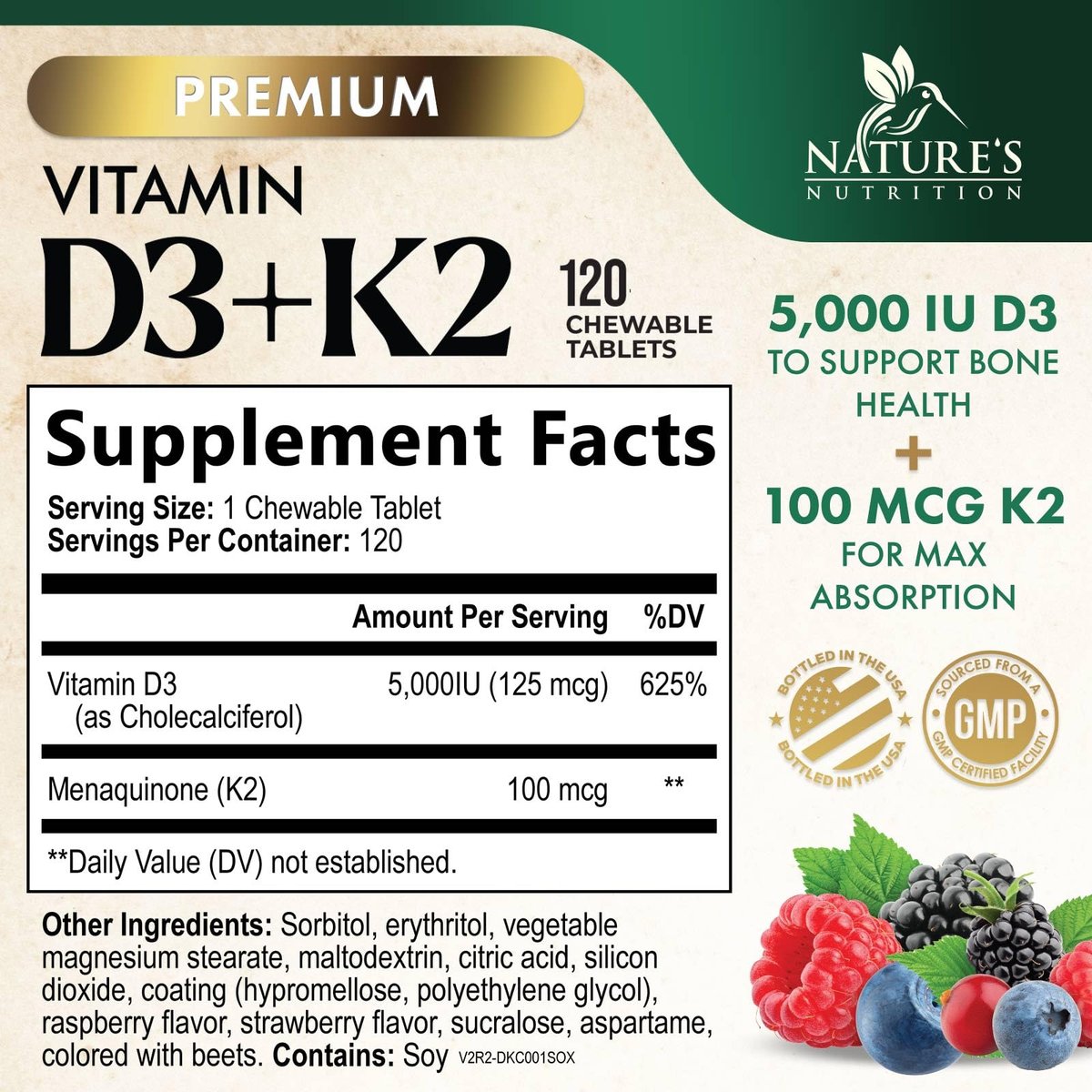 Vitamin D3 K2 Kombination | 5000 IE D3 + K2 100 mcg | MK-7 K2 mit Vitamin D | Unterstützt Immunsystem, Herz, Zähne & Knochengesundheit – Nature's Leicht zu kauen, Vitamin D3 K2, Nicht-GVO, Leckerer Beerengeschmack – 120 Tabletten