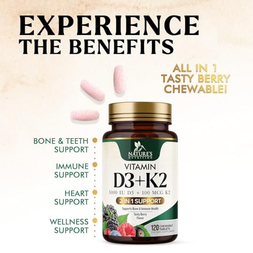 Vitamin D3 K2 Kombination | 5000 IE D3 + K2 100 mcg | MK-7 K2 mit Vitamin D | Unterstützt Immunsystem, Herz, Zähne & Knochengesundheit – Nature's Leicht zu kauen, Vitamin D3 K2, Nicht-GVO, Leckerer Beerengeschmack – 120 Tabletten