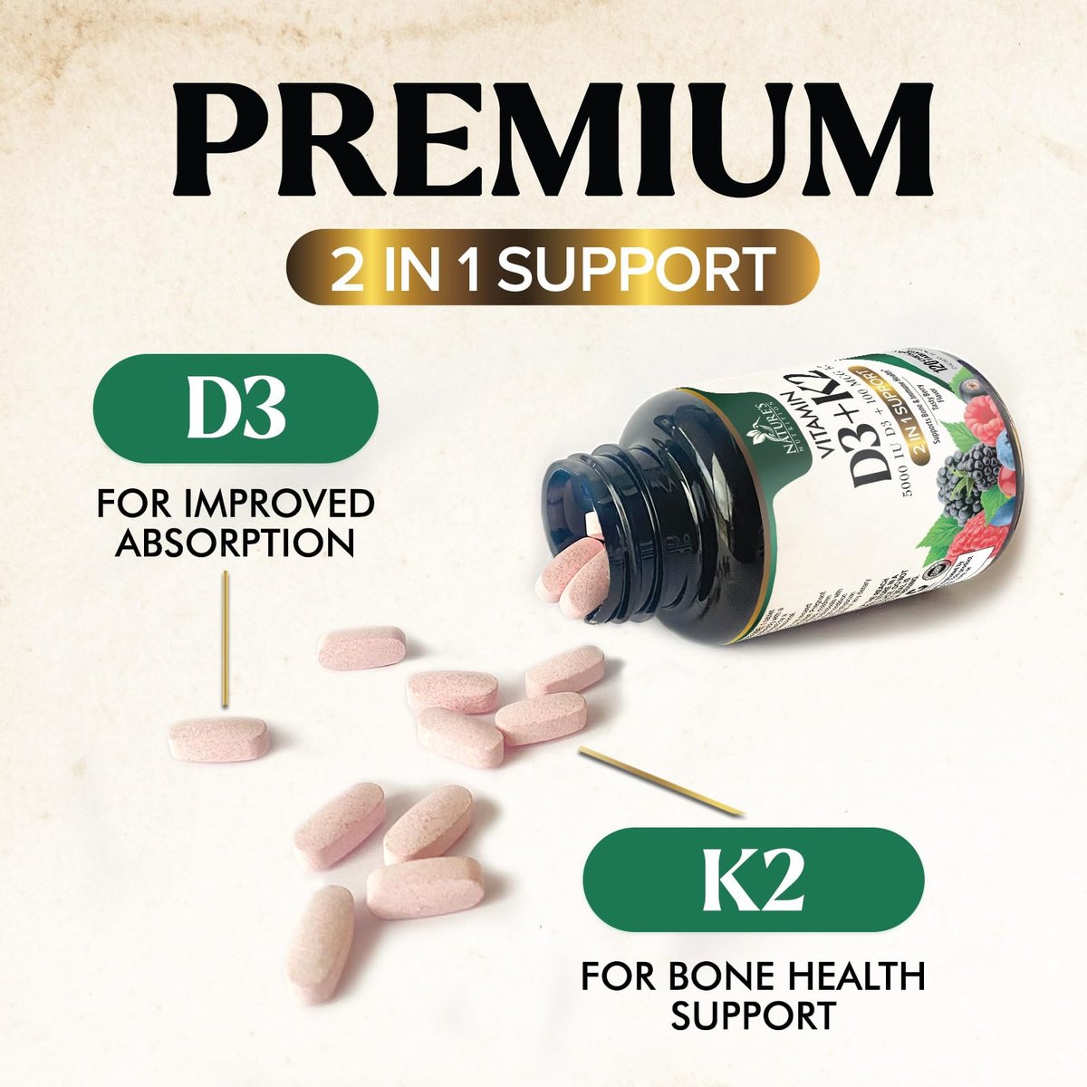 Vitamin D3 K2 Kombination | 5000 IE D3 + K2 100 mcg | MK-7 K2 mit Vitamin D | Unterstützt Immunsystem, Herz, Zähne & Knochengesundheit – Nature's Leicht zu kauen, Vitamin D3 K2, Nicht-GVO, Leckerer Beerengeschmack – 120 Tabletten