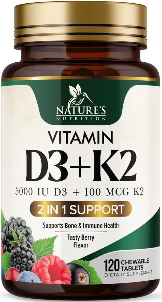 Vitamin D3 K2 Kombination | 5000 IE D3 + K2 100 mcg | MK-7 K2 mit Vitamin D | Unterstützt Immunsystem, Herz, Zähne & Knochengesundheit – Nature's Leicht zu kauen, Vitamin D3 K2, Nicht-GVO, Leckerer Beerengeschmack – 120 Tabletten