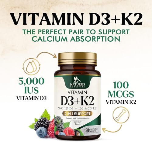 Vitamin D3 K2 Kombination | 5000 IE D3 + K2 100 mcg | MK-7 K2 mit Vitamin D | Unterstützt Immunsystem, Herz, Zähne & Knochengesundheit – Nature's Leicht zu kauen, Vitamin D3 K2, Nicht-GVO, Leckerer Beerengeschmack – 120 Tabletten