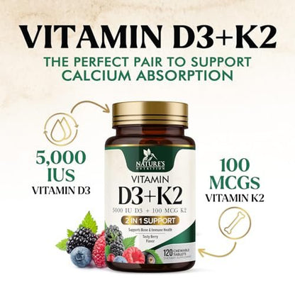 Vitamin D3 K2 Kombination | 5000 IE D3 + K2 100 mcg | MK-7 K2 mit Vitamin D | Unterstützt Immunsystem, Herz, Zähne & Knochengesundheit – Nature's Leicht zu kauen, Vitamin D3 K2, Nicht-GVO, Leckerer Beerengeschmack – 120 Tabletten