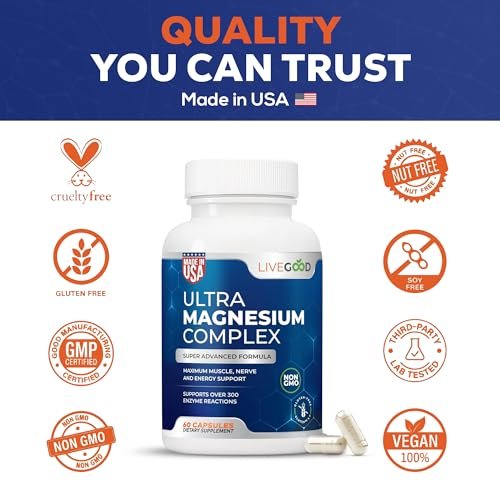 LiveGood Ultra Magnesium Complex – Organisches Magnesiumglycinat und Gluconat für Muskelregeneration, Nervenunterstützung & Entlastung – Hochabsorbierendes Nahrungsergänzungsmittel, Vegan, Nicht-GVO, Hergestellt in den USA, 60 Kapseln