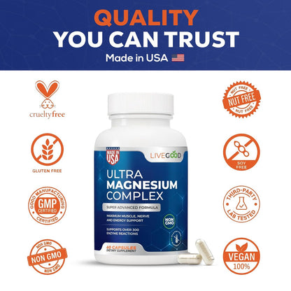 LiveGood Ultra Magnesium Complex – Organisches Magnesiumglycinat und Gluconat für Muskelregeneration, Nervenunterstützung & Entlastung – Hochabsorbierendes Nahrungsergänzungsmittel, Vegan, Nicht-GVO, Hergestellt in den USA, 60 Kapseln