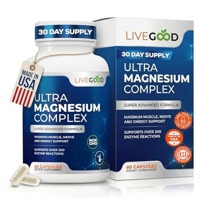 LiveGood Ultra Magnesium Complex – Organisches Magnesiumglycinat und Gluconat für Muskelregeneration, Nervenunterstützung & Entlastung – Hochabsorbierendes Nahrungsergänzungsmittel, Vegan, Nicht-GVO, Hergestellt in den USA, 60 Kapseln