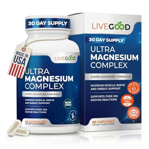 LiveGood Ultra Magnesium Complex – Organisches Magnesiumglycinat und Gluconat für Muskelregeneration, Nervenunterstützung & Entlastung – Hochabsorbierendes Nahrungsergänzungsmittel, Vegan, Nicht-GVO, Hergestellt in den USA, 60 Kapseln