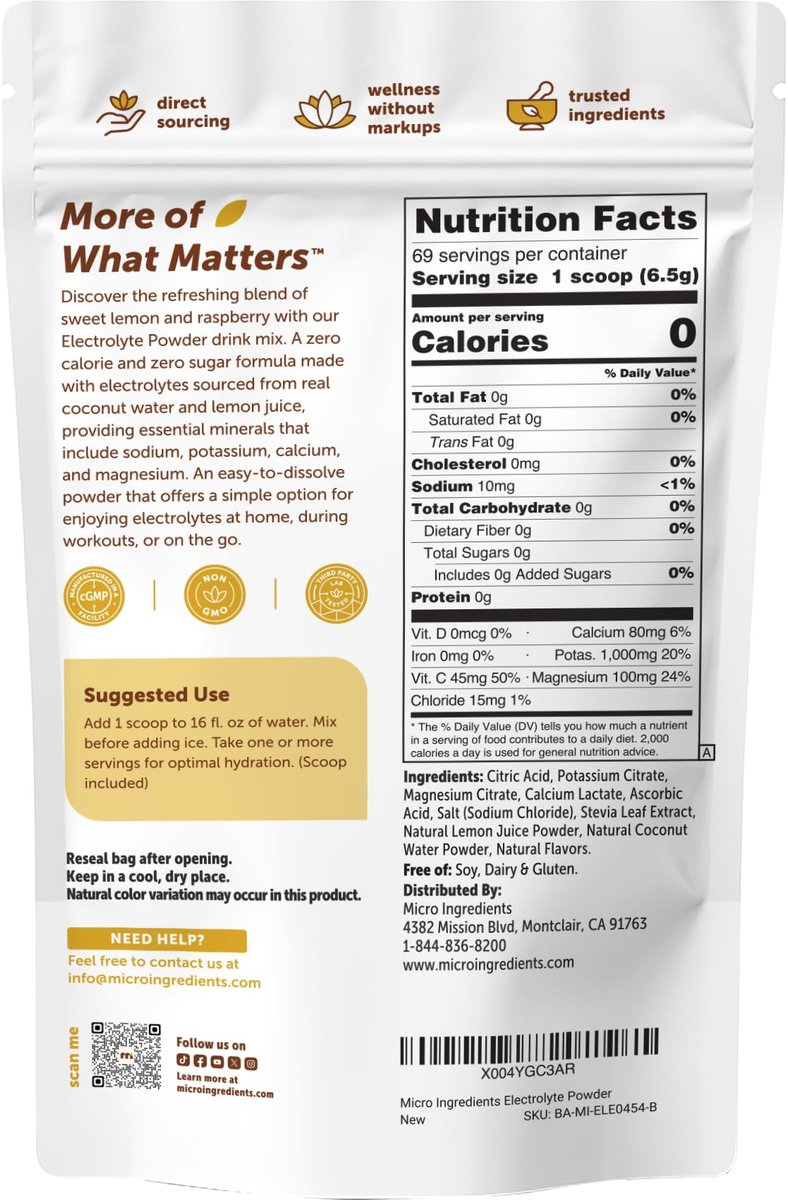 Micro Ingredients Hydration Electrolyte Powder, 1 lb (69 Portionen) | Zitronen-Himbeer-Geschmack | Hoher Kaliumgehalt (1.000 mg) + Kokoswasser & echter Zitronensaft | Zuckerfrei, Keto-freundlich | Nicht-GMO
