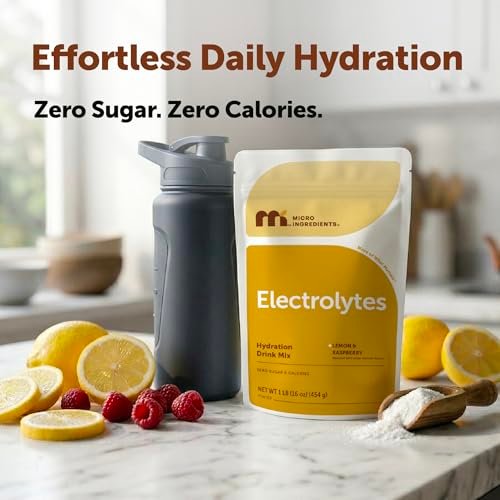 Micro Ingredients Hydration Electrolyte Powder, 1 lb (69 Portionen) | Zitronen-Himbeer-Geschmack | Hoher Kaliumgehalt (1.000 mg) + Kokoswasser & echter Zitronensaft | Zuckerfrei, Keto-freundlich | Nicht-GMO