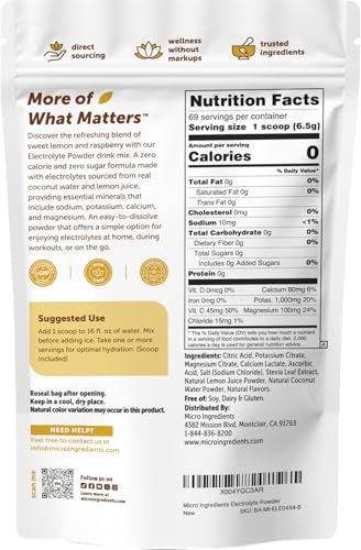 Micro Ingredients Hydration Electrolyte Powder, 1 lb (69 Portionen) | Zitronen-Himbeer-Geschmack | Hoher Kaliumgehalt (1.000 mg) + Kokoswasser & echter Zitronensaft | Zuckerfrei, Keto-freundlich | Nicht-GMO
