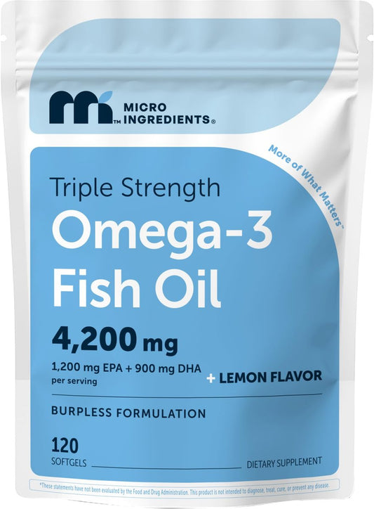 Micro Ingredients Omega 3 Fischöl Kapseln 4200mg pro Portion, 120 Softgels – Zitronengeschmack – ohne Aufstoßen | EPA 1200mg + DHA 900mg | Tiefseefisch