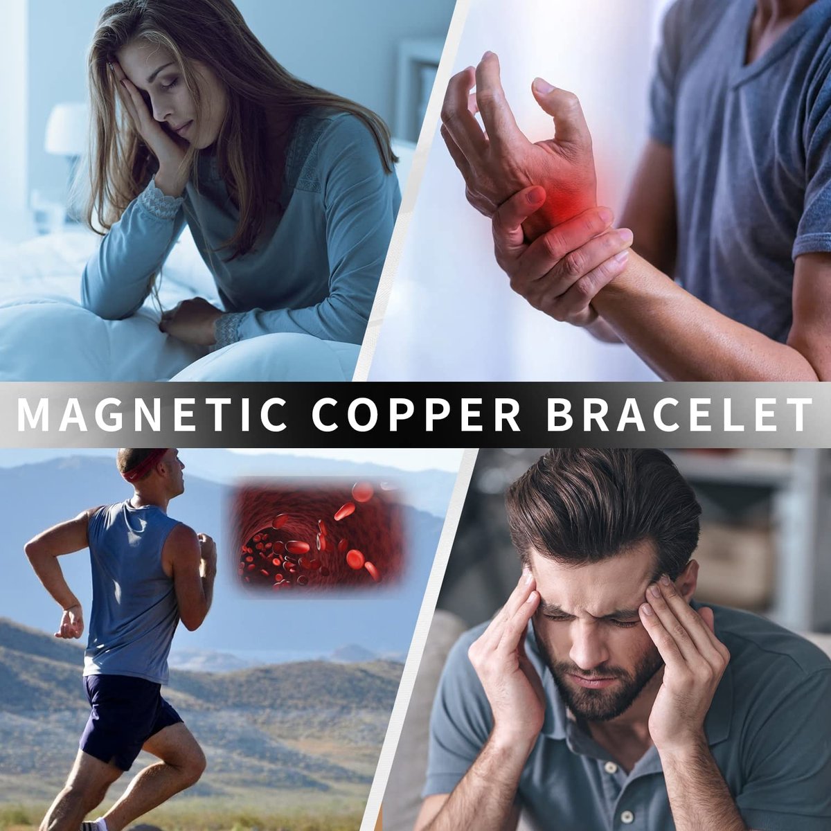 MagEnergy Kupfer Kreuz Armband für Herren - Ultra Starkes Magnetisches Kupfer Herren Kreuzarmband - Verstellbares Kupferarmband mit Größenwerkzeug und Schmuckbox (Schwarz)