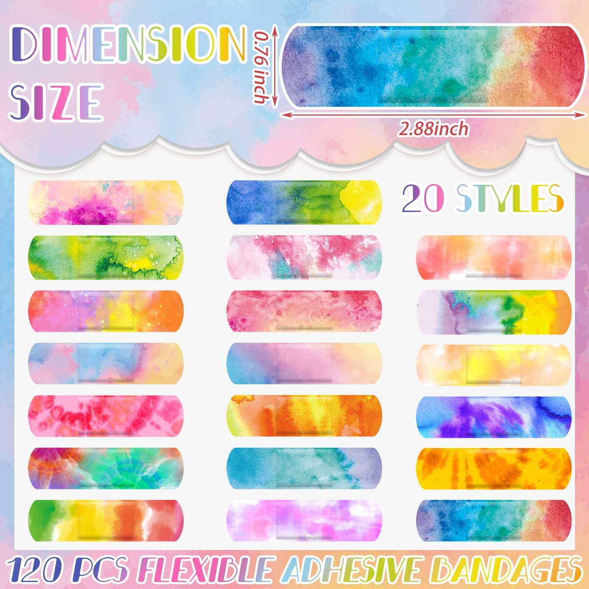 Panelee 120 Stück Kinderpflaster 7,2 x 1,9 cm Buntes Design Flexible wasserdichte Pflaster Bulk Atmungsaktiver Streifen für Erste Hilfe & Wundversorgung (Tie Dye Stil)
