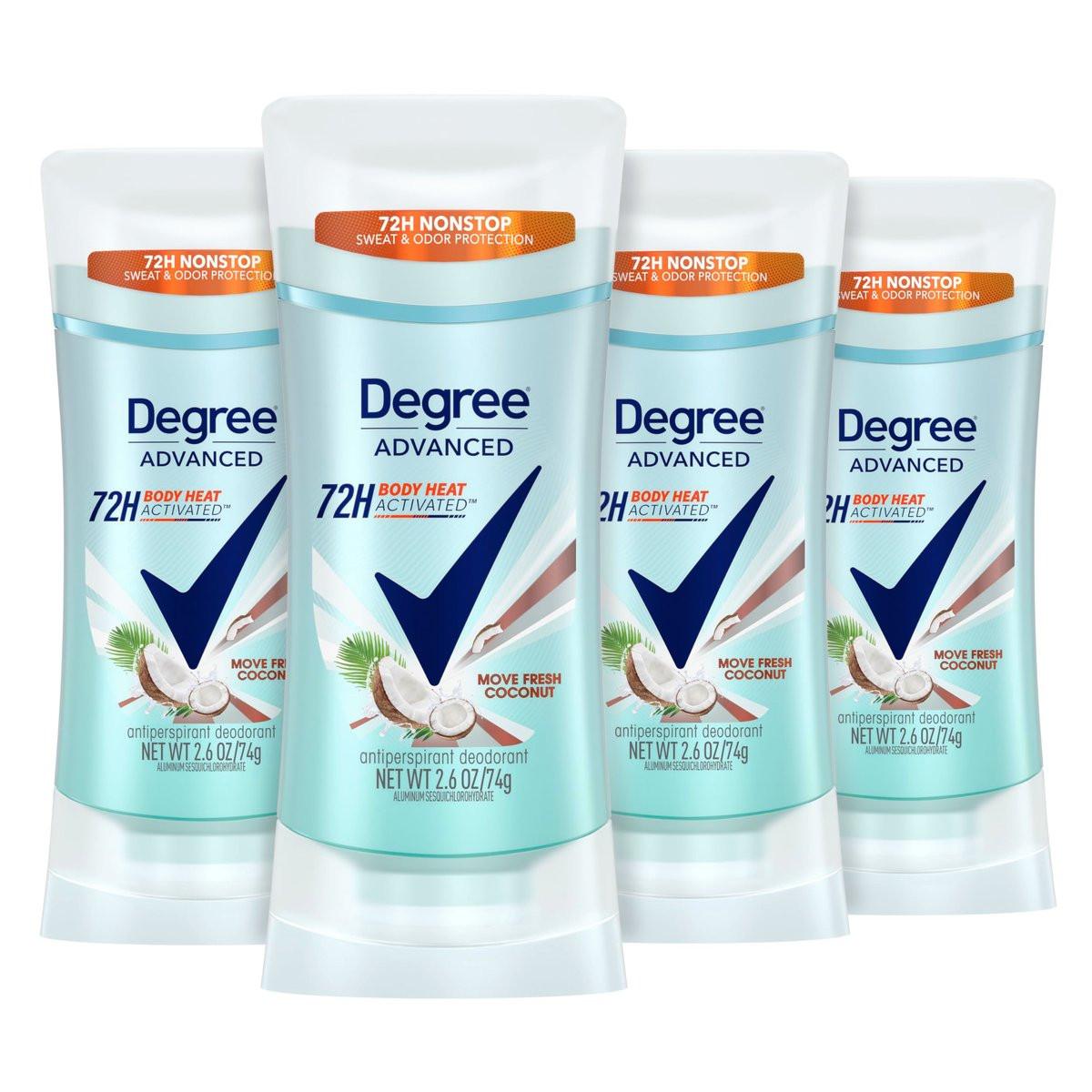 Degree Advanced Antitranspirant-Deodorant Move Fresh Kokosnuss 4er-Pack 72-Stunden-Schweiß- und Geruchsschutz Antitranspirant für Frauen mit MotionSense Technologie 2,6 oz