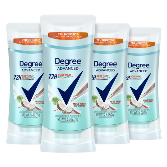 Degree Advanced Antitranspirant-Deodorant Move Fresh Kokosnuss 4er-Pack 72-Stunden-Schweiß- und Geruchsschutz Antitranspirant für Frauen mit MotionSense Technologie 2,6 oz
