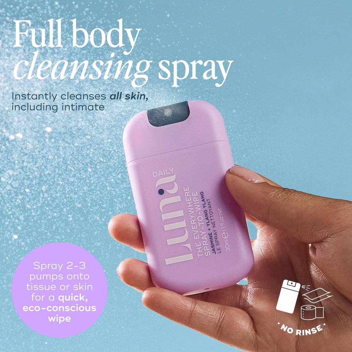 Luna Daily Mini Body Cleansing Spray – Sanfter Reinigungsspray für die Intimzone & den ganzen Körper, pH-neutral, feuchtigkeitsspendend, mit Jasmin & Ylang Ylang, 30 ml