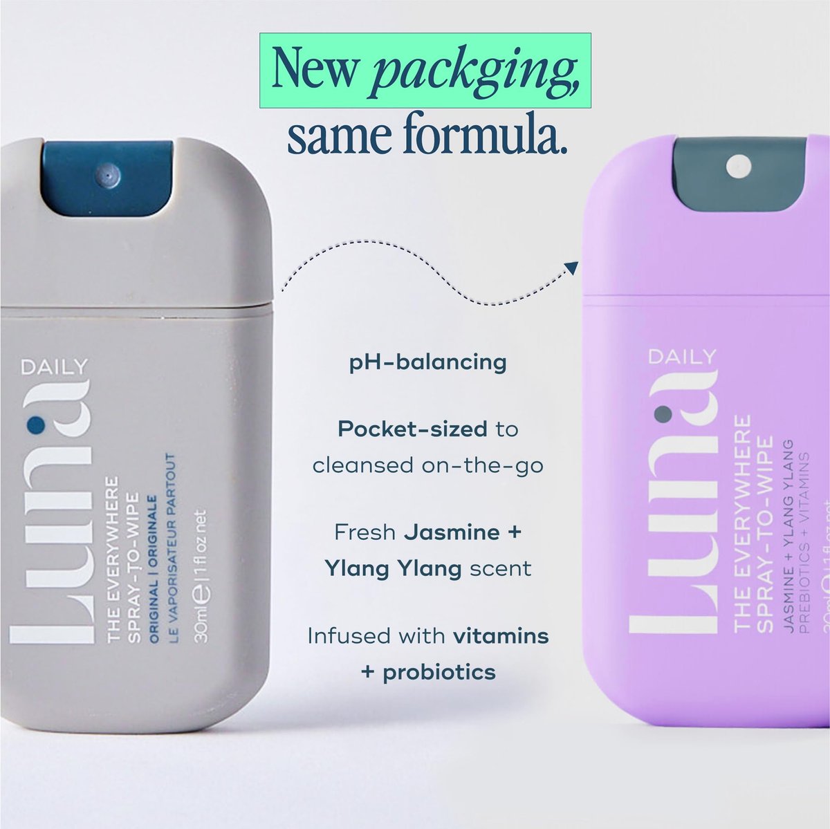 Luna Daily Mini Body Cleansing Spray – Sanfter Reinigungsspray für die Intimzone & den ganzen Körper, pH-neutral, feuchtigkeitsspendend, mit Jasmin & Ylang Ylang, 30 ml