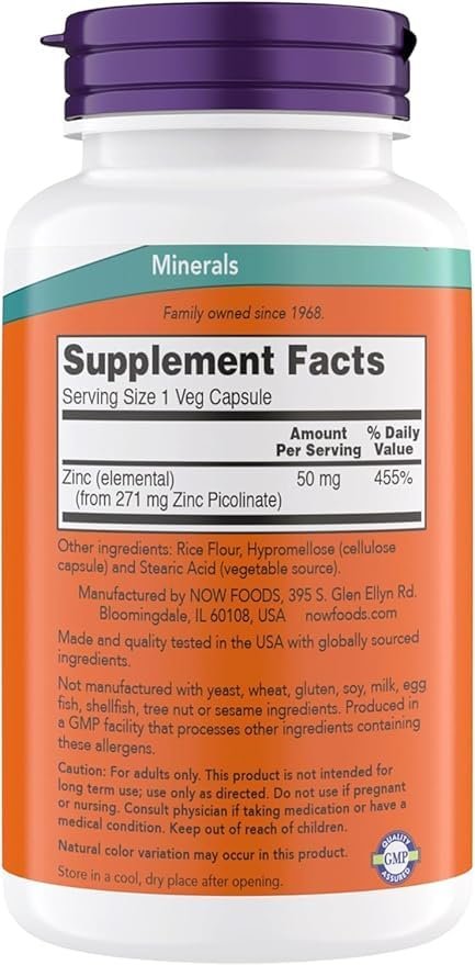 Now Foods Zinkpicolinat 50 mg – 240 Kapseln, Unterstützt Enzymfunktionen & Immunsystem, Nicht-GVO, Koscher, Vegan